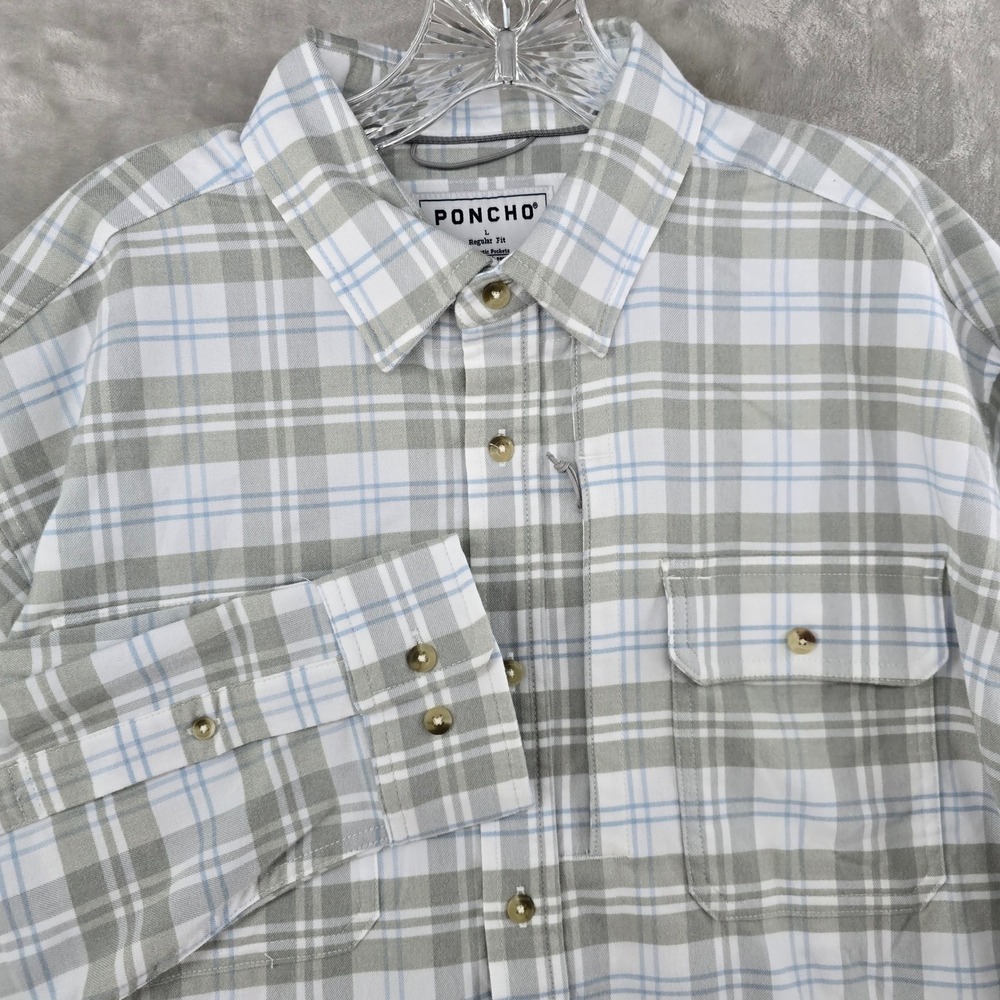 Poncho Flannel Shirt Mens Large Gray Plaid Magnetic Pockets western